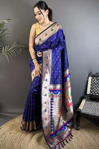 royal blue soft lichi silk blend peacock & floral motifs jacquard kanchipuram saree
