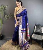 royal blue soft lichi silk blend peacock & floral motifs jacquard kanchipuram saree