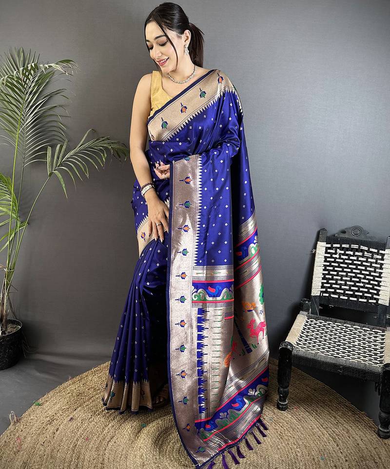royal blue soft lichi silk blend peacock & floral motifs jacquard kanchipuram saree