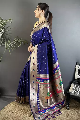 royal blue soft lichi silk blend peacock & floral motifs jacquard kanchipuram saree