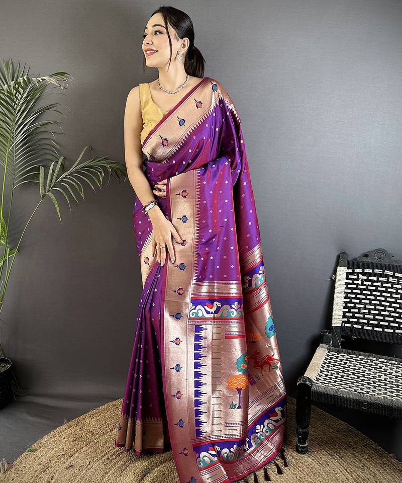 magenta soft lichi silk blend peacock & floral motifs jacquard kanchipuram saree