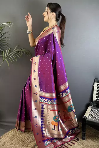 magenta soft lichi silk blend peacock & floral motifs jacquard kanchipuram saree