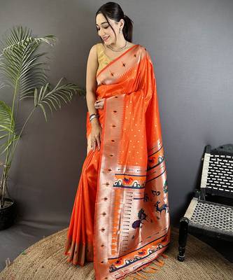 orange soft lichi silk blend peacock & floral motifs jacquard kanchipuram saree 1