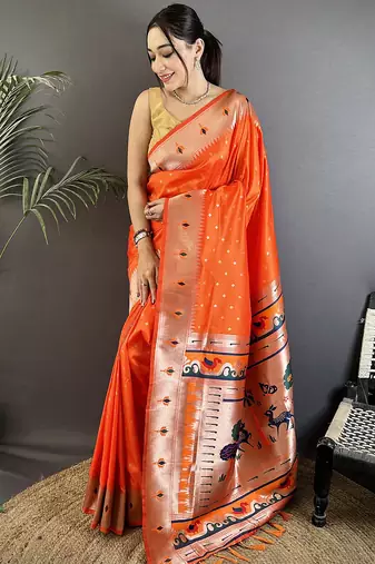 orange soft lichi silk blend peacock & floral motifs jacquard kanchipuram saree