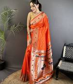 orange soft lichi silk blend peacock & floral motifs jacquard kanchipuram saree