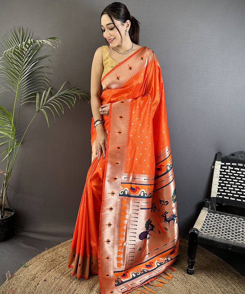 orange soft lichi silk blend peacock & floral motifs jacquard kanchipuram saree