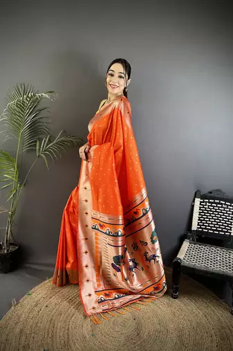 orange soft lichi silk blend peacock & floral motifs jacquard kanchipuram saree