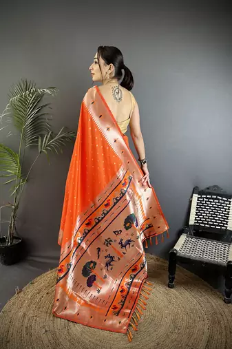 orange soft lichi silk blend peacock & floral motifs jacquard kanchipuram saree