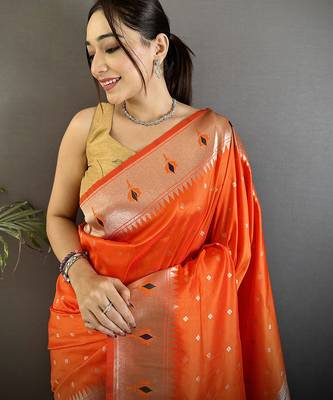 orange soft lichi silk blend peacock & floral motifs jacquard kanchipuram saree 4