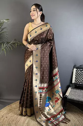 brown soft lichi silk blend peacock & floral motifs jacquard kanchipuram saree
