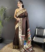 brown soft lichi silk blend peacock & floral motifs jacquard kanchipuram saree