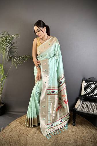 sea green soft lichi silk blend peacock & floral motifs jacquard kanchipuram saree