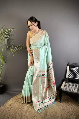 sea green soft lichi silk blend peacock & floral motifs jacquard kanchipuram saree