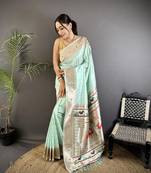 sea green soft lichi silk blend peacock & floral motifs jacquard kanchipuram saree