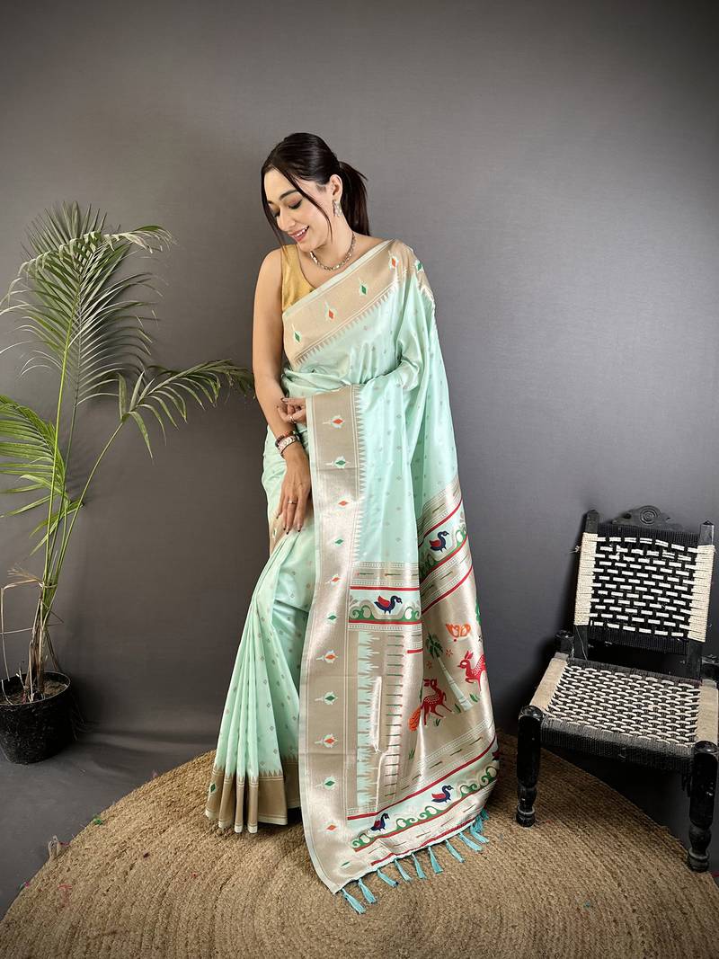 sea green soft lichi silk blend peacock & floral motifs jacquard kanchipuram saree