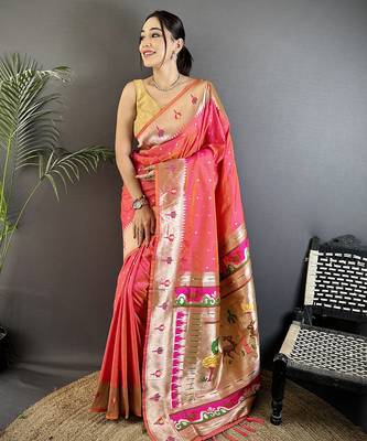 rose pink soft lichi silk blend peacock & floral motifs jacquard kanchipuram saree 1