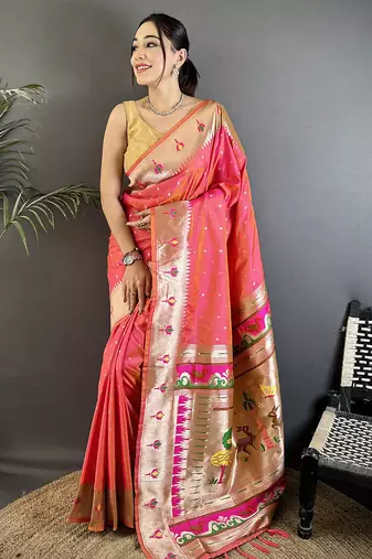 rose pink soft lichi silk blend peacock & floral motifs jacquard kanchipuram saree