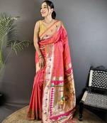rose pink soft lichi silk blend peacock & floral motifs jacquard kanchipuram saree