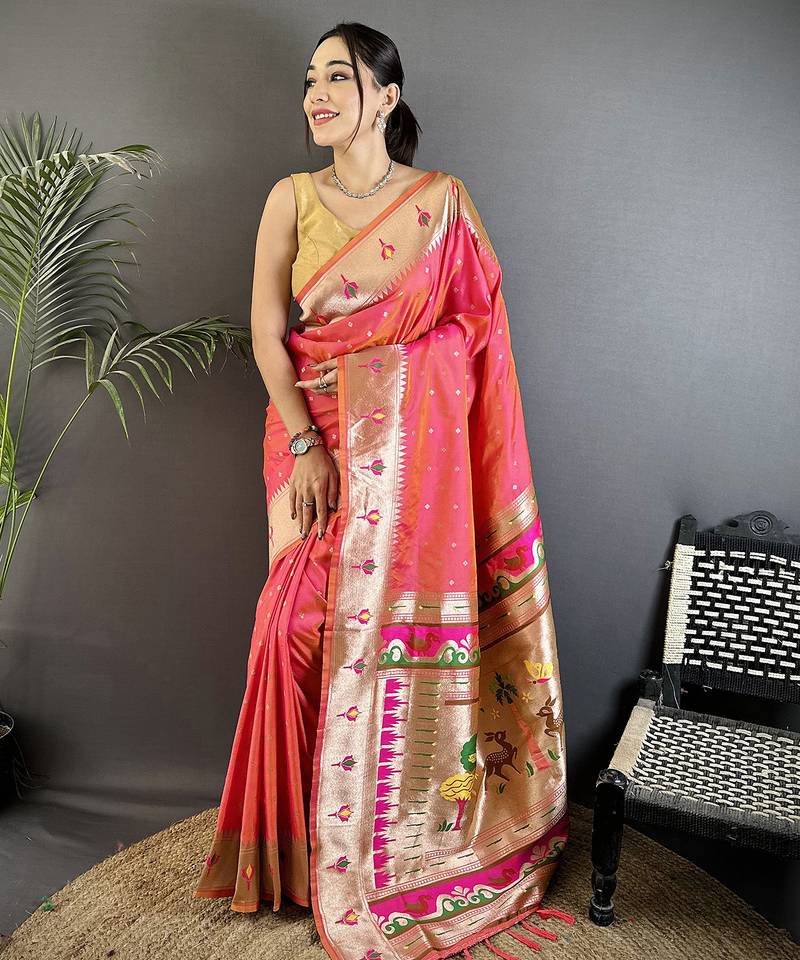 rose pink soft lichi silk blend peacock & floral motifs jacquard kanchipuram saree