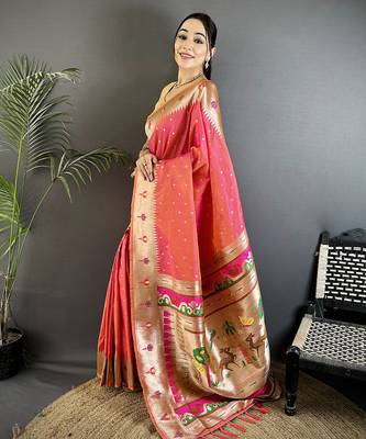 rose pink soft lichi silk blend peacock & floral motifs jacquard kanchipuram saree 2