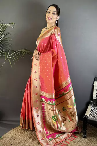 rose pink soft lichi silk blend peacock & floral motifs jacquard kanchipuram saree
