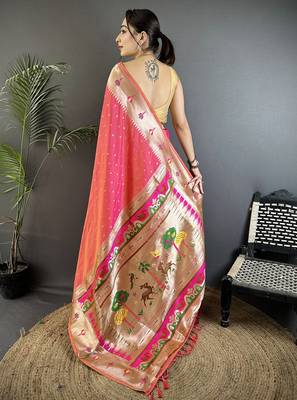 rose pink soft lichi silk blend peacock & floral motifs jacquard kanchipuram saree 3