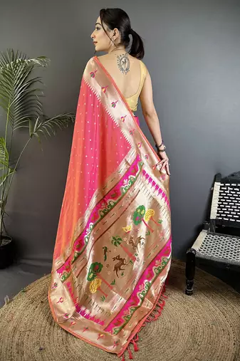 rose pink soft lichi silk blend peacock & floral motifs jacquard kanchipuram saree