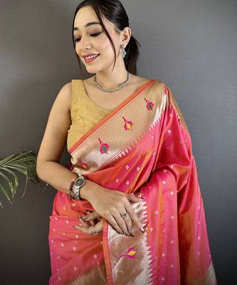 rose pink soft lichi silk blend peacock & floral motifs jacquard kanchipuram saree 4