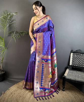 purple soft lichi silk blend peacock & floral motifs jacquard kanchipuram saree 1
