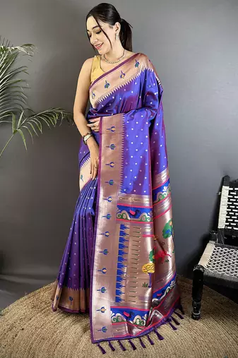 purple soft lichi silk blend peacock & floral motifs jacquard kanchipuram saree