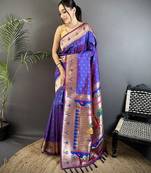 purple soft lichi silk blend peacock & floral motifs jacquard kanchipuram saree