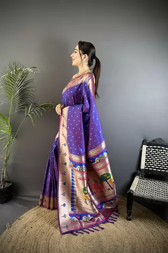 purple soft lichi silk blend peacock & floral motifs jacquard kanchipuram saree