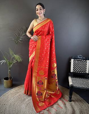 red lichi silk blend peacock & floral motis zari weaving paithani saree 1