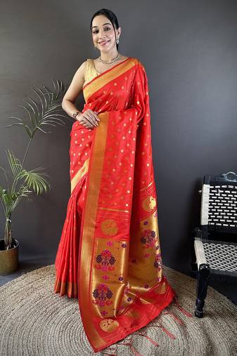 red lichi silk blend peacock & floral motis zari weaving paithani saree