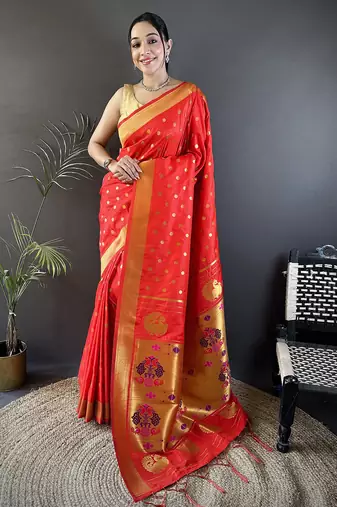 red lichi silk blend peacock & floral motis zari weaving paithani saree