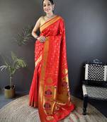 red lichi silk blend peacock & floral motis zari weaving paithani saree