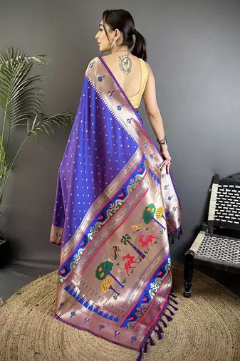 purple soft lichi silk blend peacock & floral motifs jacquard kanchipuram saree