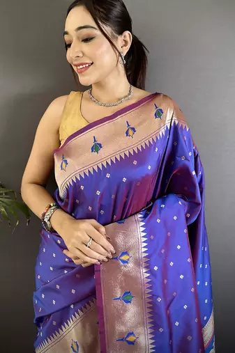 purple soft lichi silk blend peacock & floral motifs jacquard kanchipuram saree
