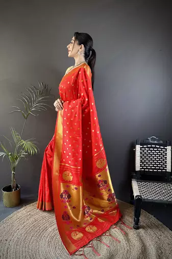 red lichi silk blend peacock & floral motis zari weaving paithani saree
