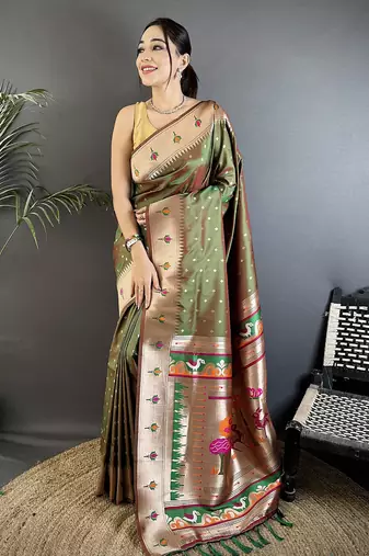 mehendi green soft lichi silk blend peacock & floral motifs jacquard kanchipuram saree