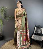 mehendi green soft lichi silk blend peacock & floral motifs jacquard kanchipuram saree