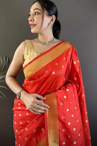 red lichi silk blend peacock & floral motis zari weaving paithani saree