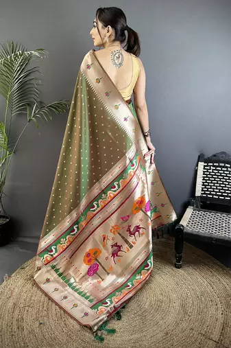 mehendi green soft lichi silk blend peacock & floral motifs jacquard kanchipuram saree