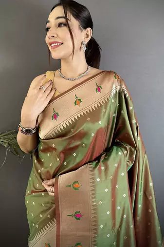 mehendi green soft lichi silk blend peacock & floral motifs jacquard kanchipuram saree