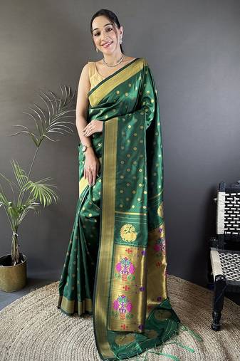 green lichi silk blend peacock & floral motis zari weaving paithani saree