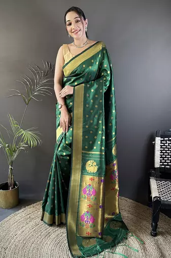 green lichi silk blend peacock & floral motis zari weaving paithani saree