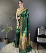 green lichi silk blend peacock & floral motis zari weaving paithani saree