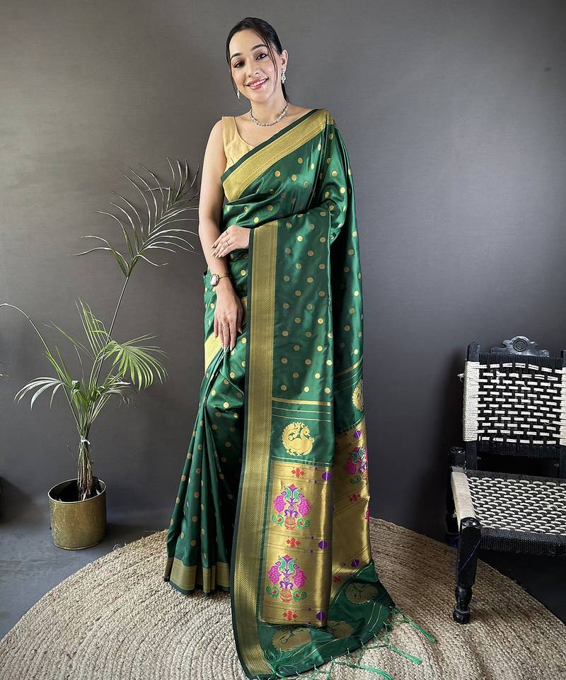 green lichi silk blend peacock & floral motis zari weaving paithani saree