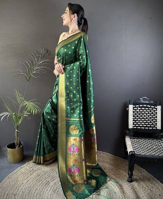 green lichi silk blend peacock & floral motis zari weaving paithani saree 2