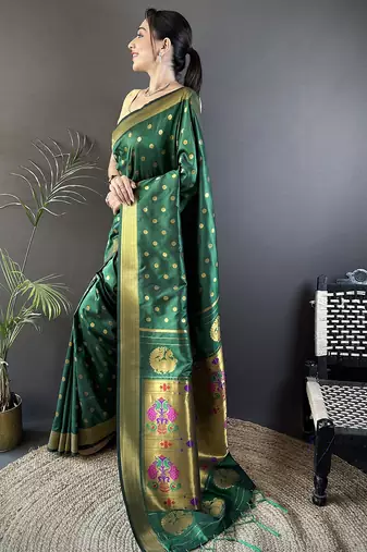 green lichi silk blend peacock & floral motis zari weaving paithani saree